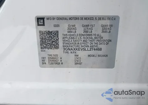 2020 Chevrolet Equinox Fwd Lt 1.5L Turbo z USA, uszkodzony, nr VIN 3GNAXKEV5LL274468